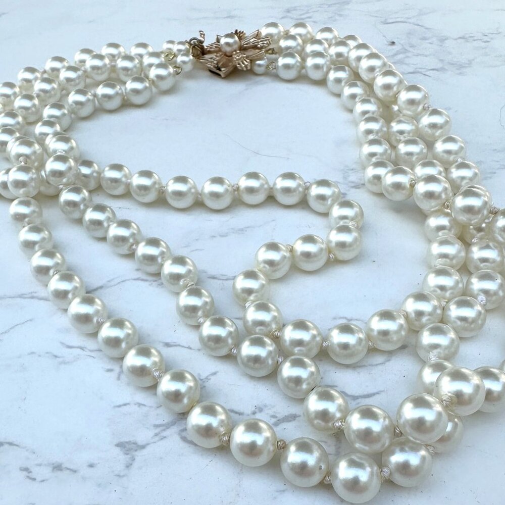 Faux Pearl Triple Strand Necklace With Gold Flower Clasp, Bridal Jewerlry, Gift - Picture 10 of 13